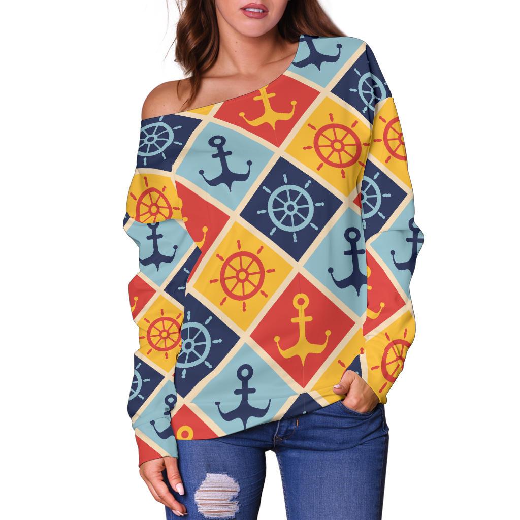 Nautical Pattern Design Themed Print Off Shoulder Sweatshirt