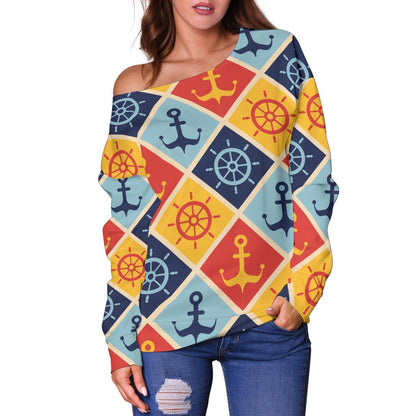 Nautical Pattern Design Themed Print Off Shoulder Sweatshirt