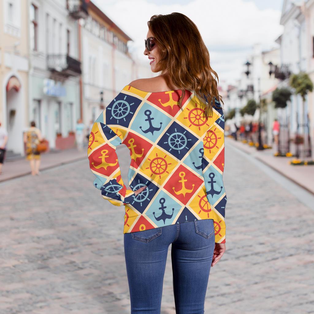 Nautical Pattern Design Themed Print Off Shoulder Sweatshirt