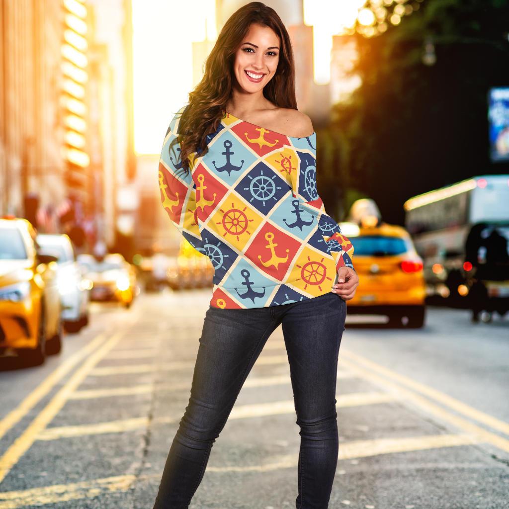 Nautical Pattern Design Themed Print Off Shoulder Sweatshirt
