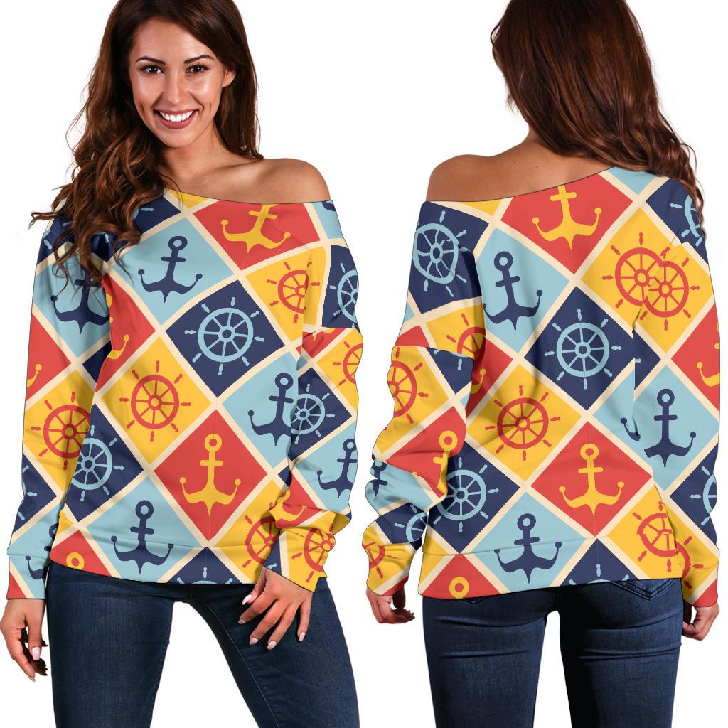 Nautical Pattern Design Themed Print Off Shoulder Sweatshirt