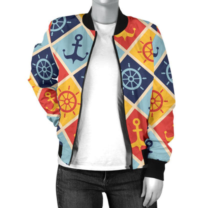 Nautical Pattern Design Themed Print Women Casual Bomber Jacket
