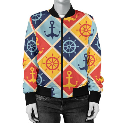 Nautical Pattern Design Themed Print Women Casual Bomber Jacket