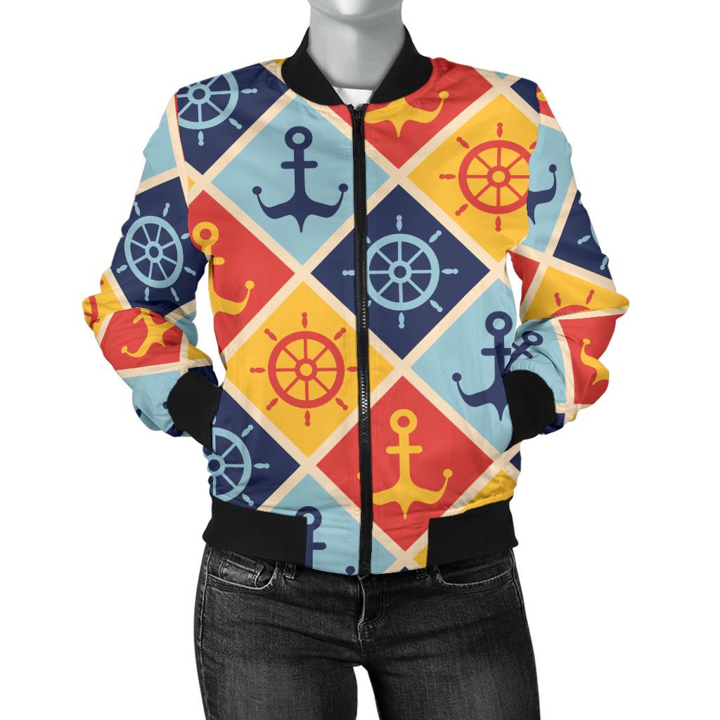 Nautical Pattern Design Themed Print Women Casual Bomber Jacket