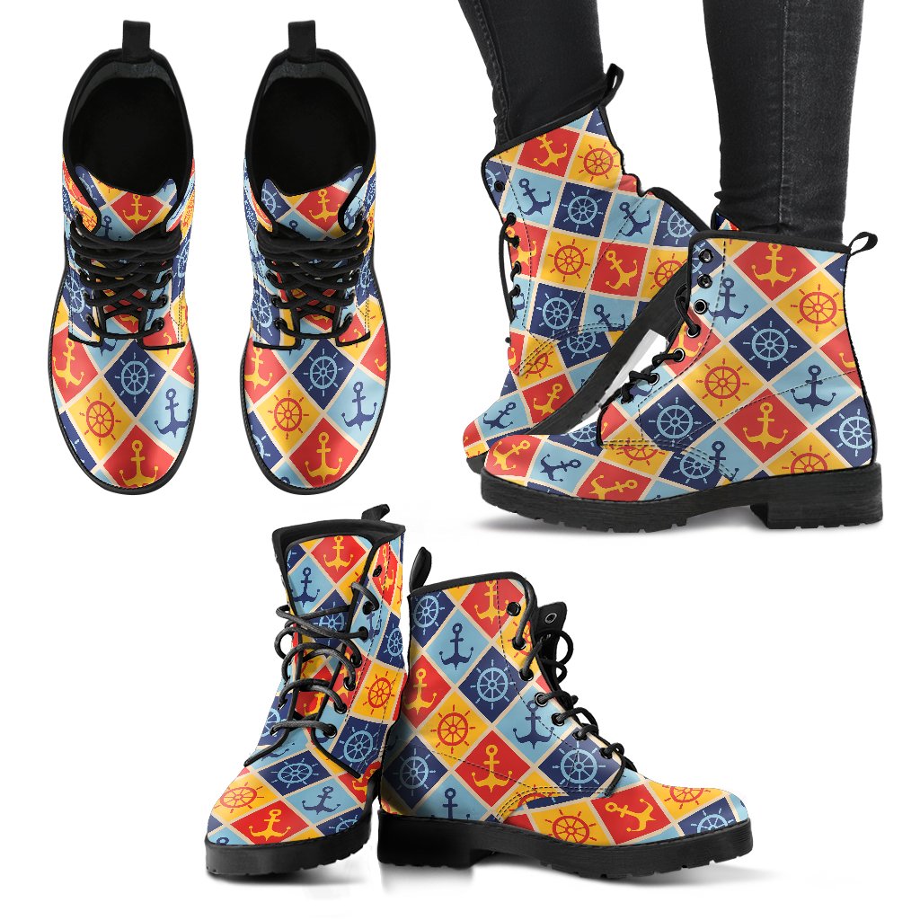 Nautical Pattern Design Themed Print Women Leather Boots-JTAMIGO.COM