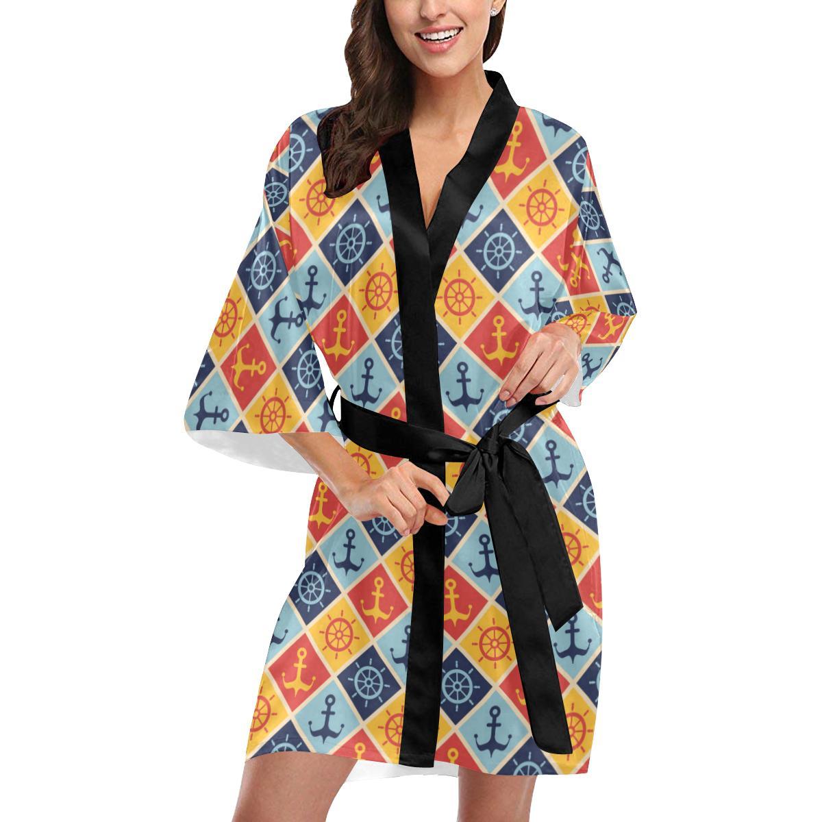 Nautical Pattern Design Themed Print Women Short Kimono Robe