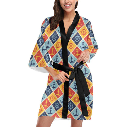 Nautical Pattern Design Themed Print Women Short Kimono Robe