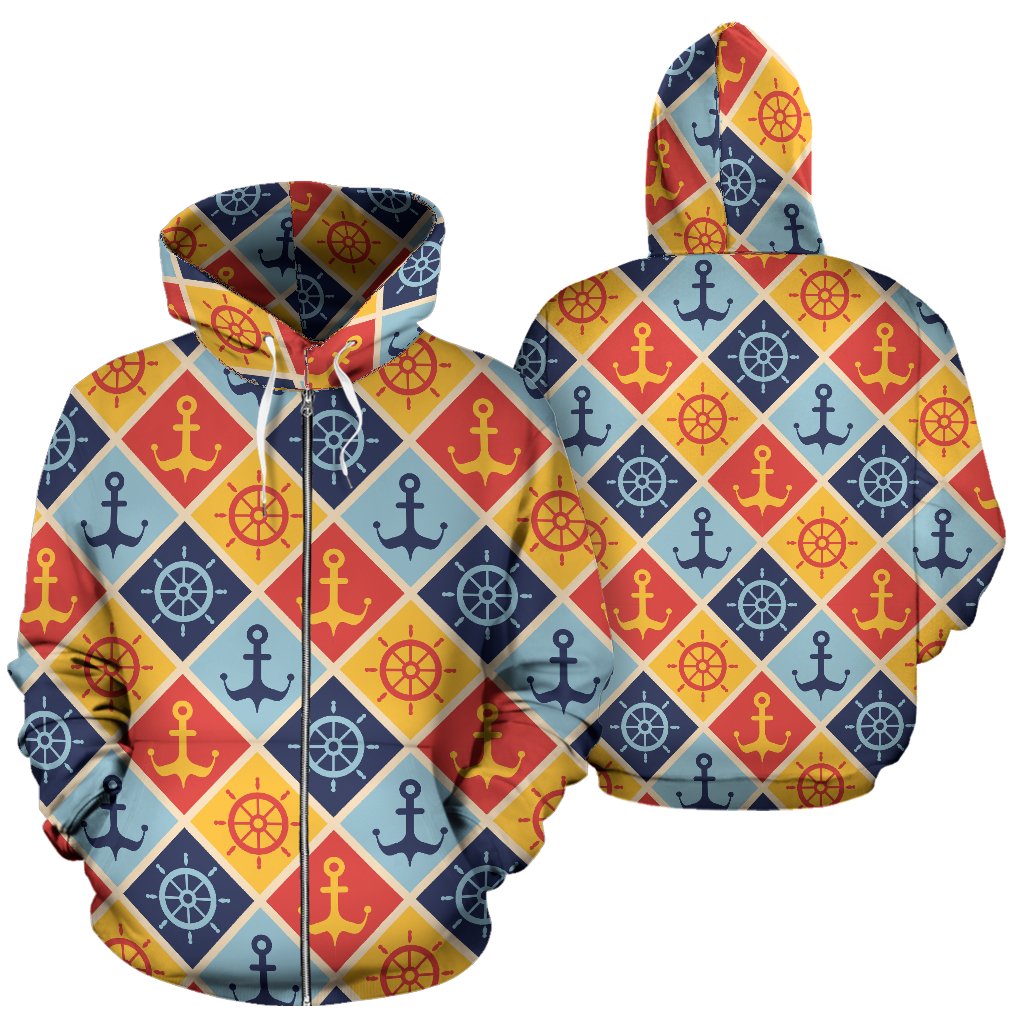 Nautical Pattern Design Themed Print Zip Up Hoodie