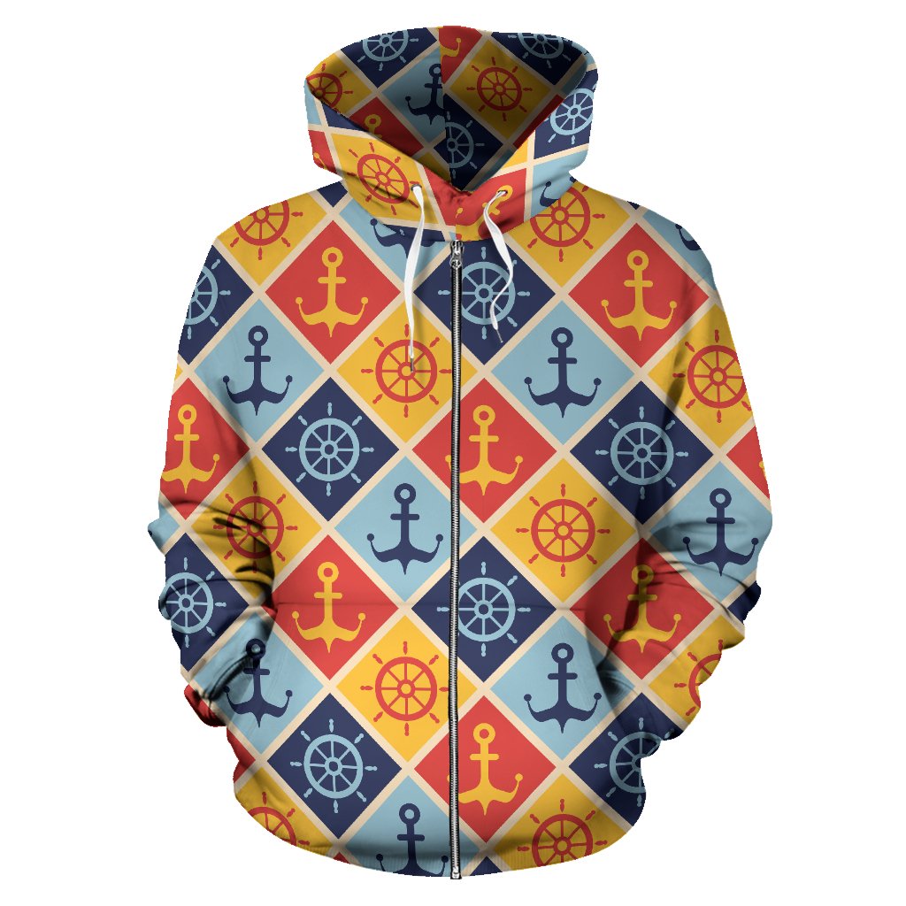 Nautical Pattern Design Themed Print Zip Up Hoodie