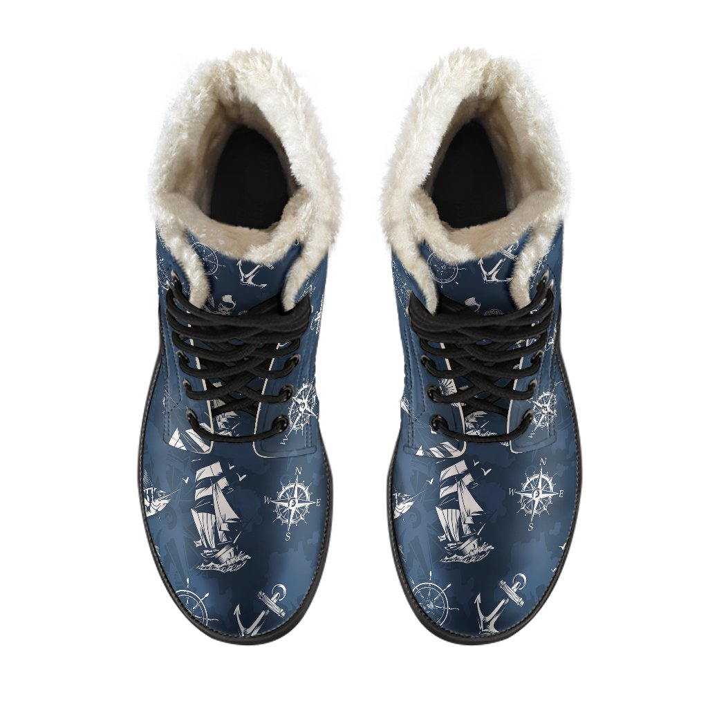 Nautical Sea Themed Print Faux Fur Leather Boots-JTAMIGO.COM