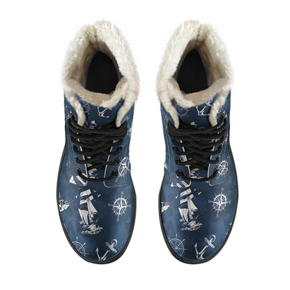 Nautical Sea Themed Print Faux Fur Leather Boots-JTAMIGO.COM