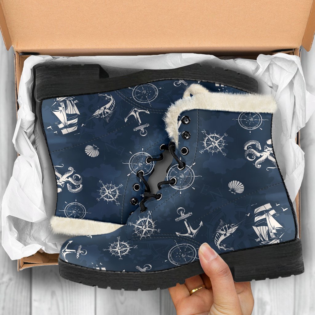 Nautical Sea Themed Print Faux Fur Leather Boots-JTAMIGO.COM