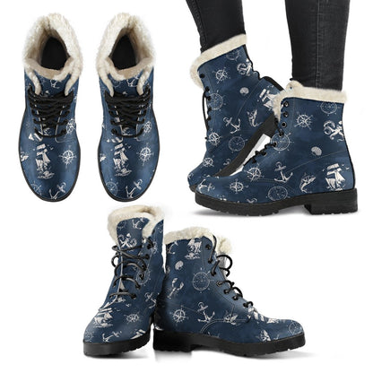 Nautical Sea Themed Print Faux Fur Leather Boots-JTAMIGO.COM
