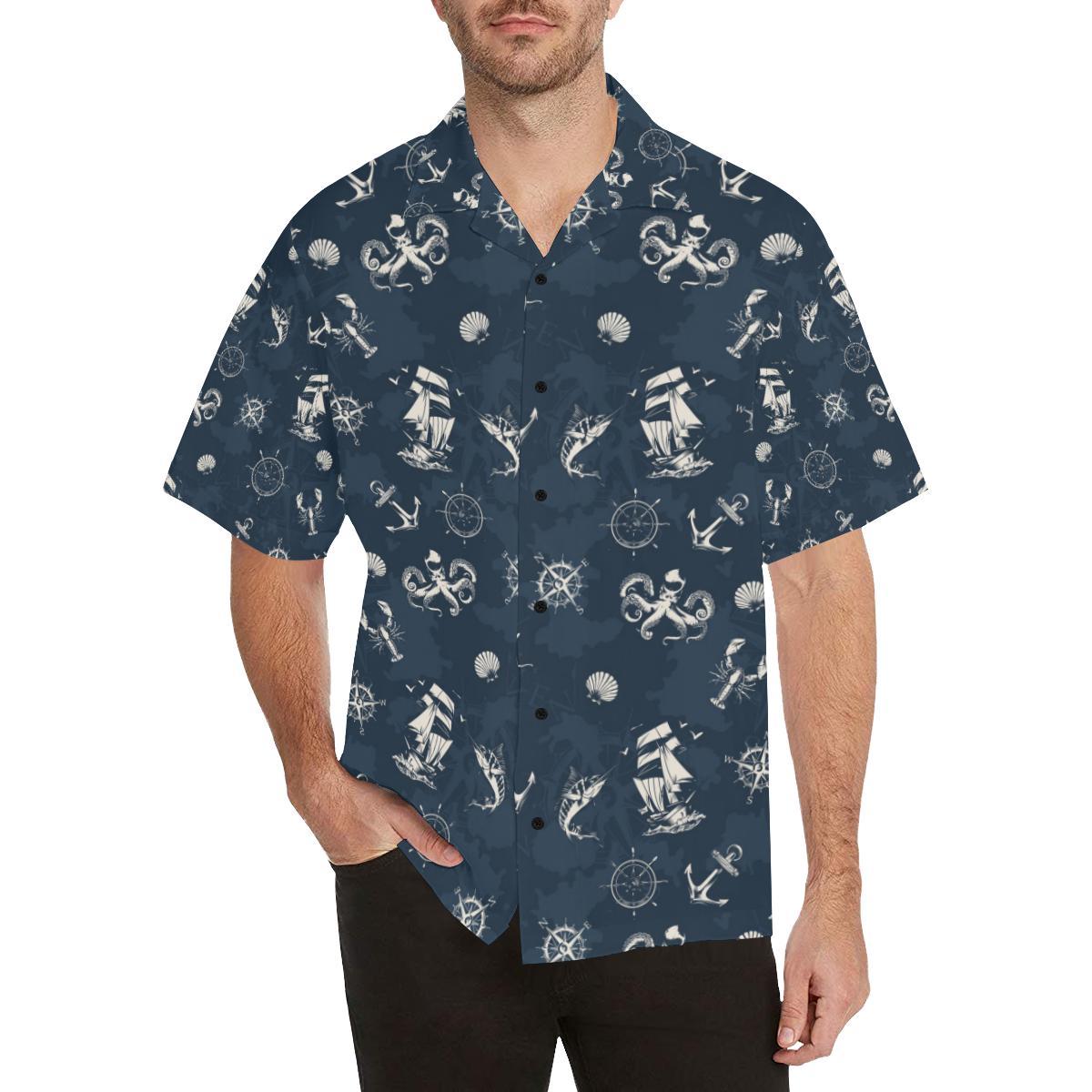 Nautical Sea Themed Print Men Aloha Hawaiian Shirt