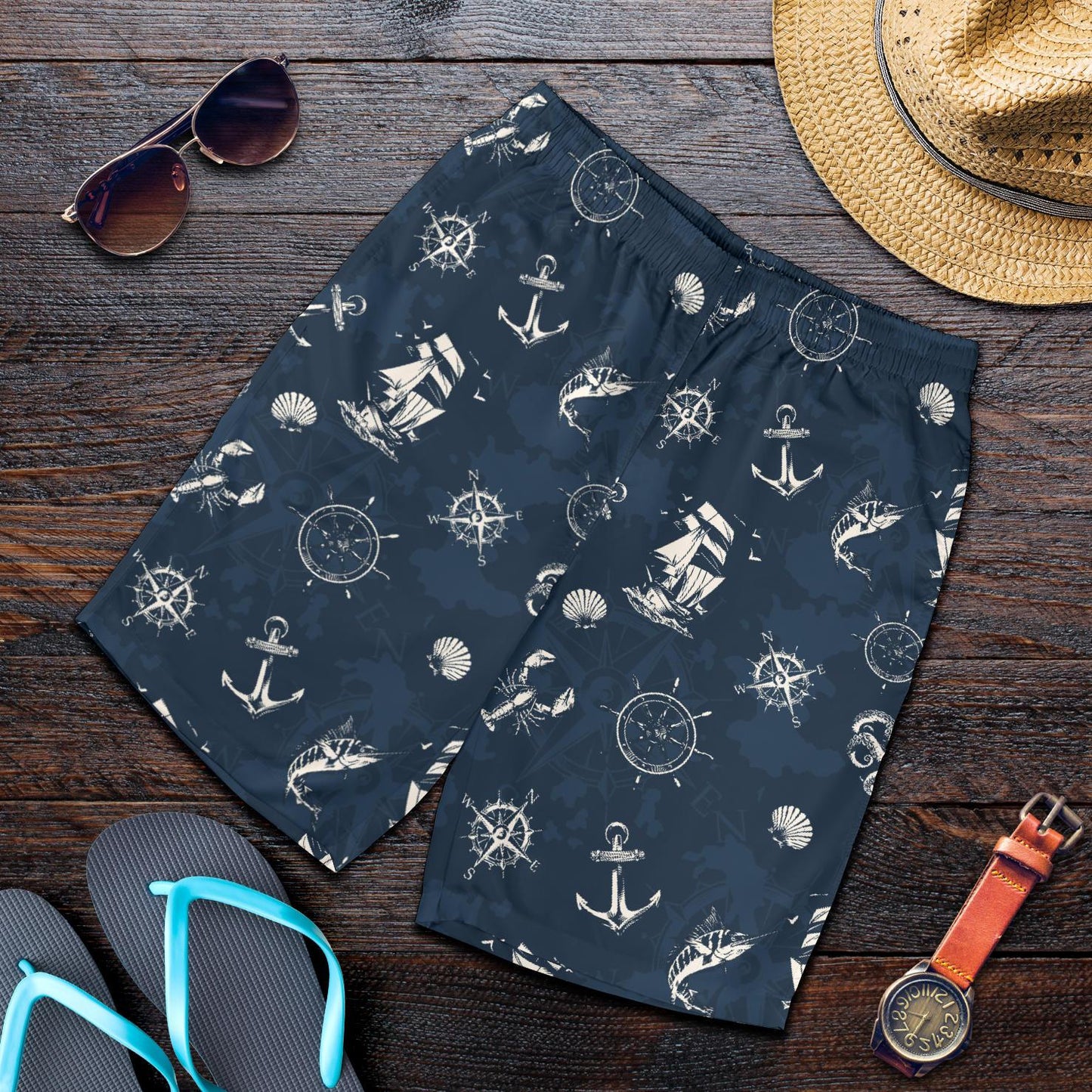 Nautical Sea Themed Print Mens Shorts-JTAMIGO.COM