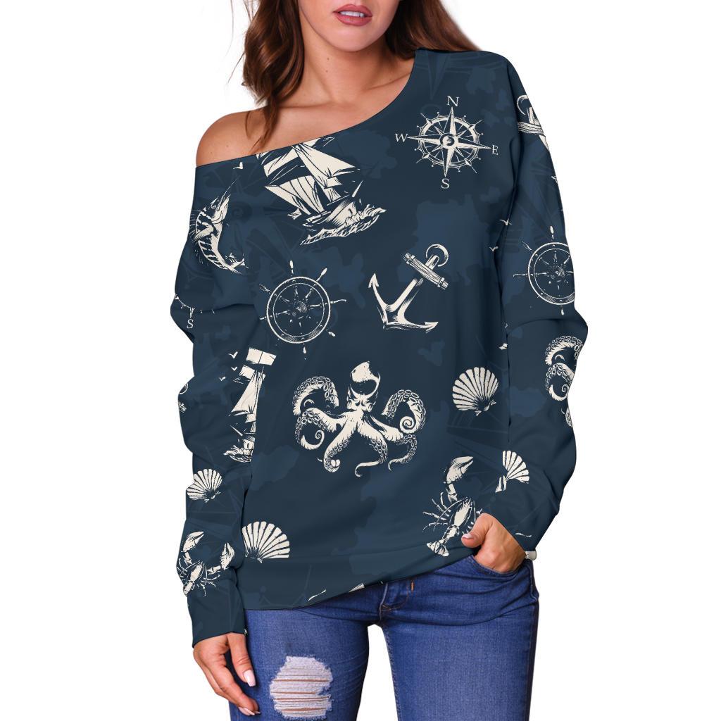 Nautical Sea Themed Print Off Shoulder Sweatshirt