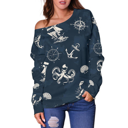 Nautical Sea Themed Print Off Shoulder Sweatshirt