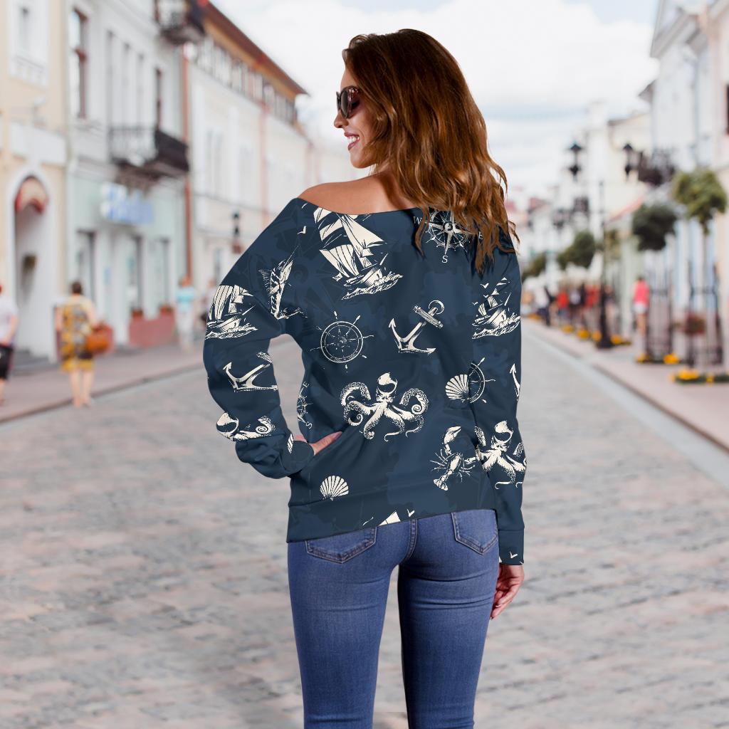 Nautical Sea Themed Print Off Shoulder Sweatshirt