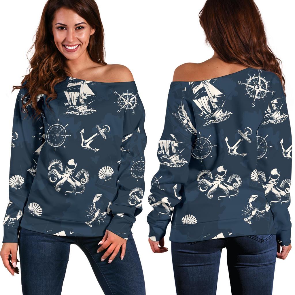 Nautical Sea Themed Print Off Shoulder Sweatshirt