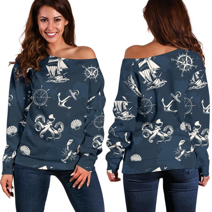Nautical Sea Themed Print Off Shoulder Sweatshirt