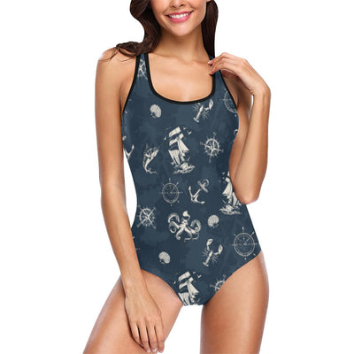 Nautical Sea Themed Print One Piece Swimsuit-JTAMIGO.COM