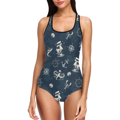 Nautical Sea Themed Print One Piece Swimsuit-JTAMIGO.COM