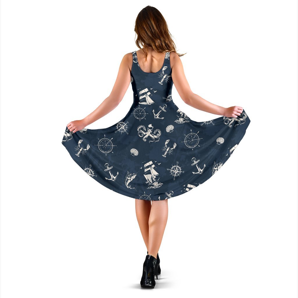 Nautical Sea Themed Print Sleeveless Dress