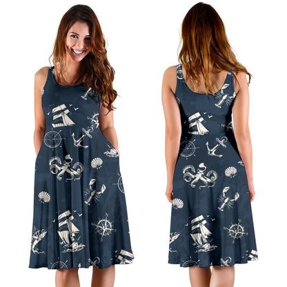 Nautical Sea Themed Print Sleeveless Dress