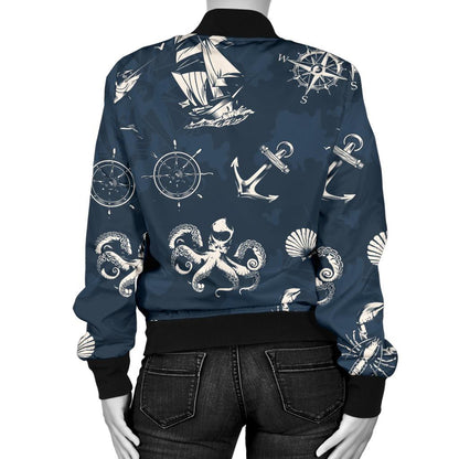 Nautical Sea Themed Print Women Casual Bomber Jacket