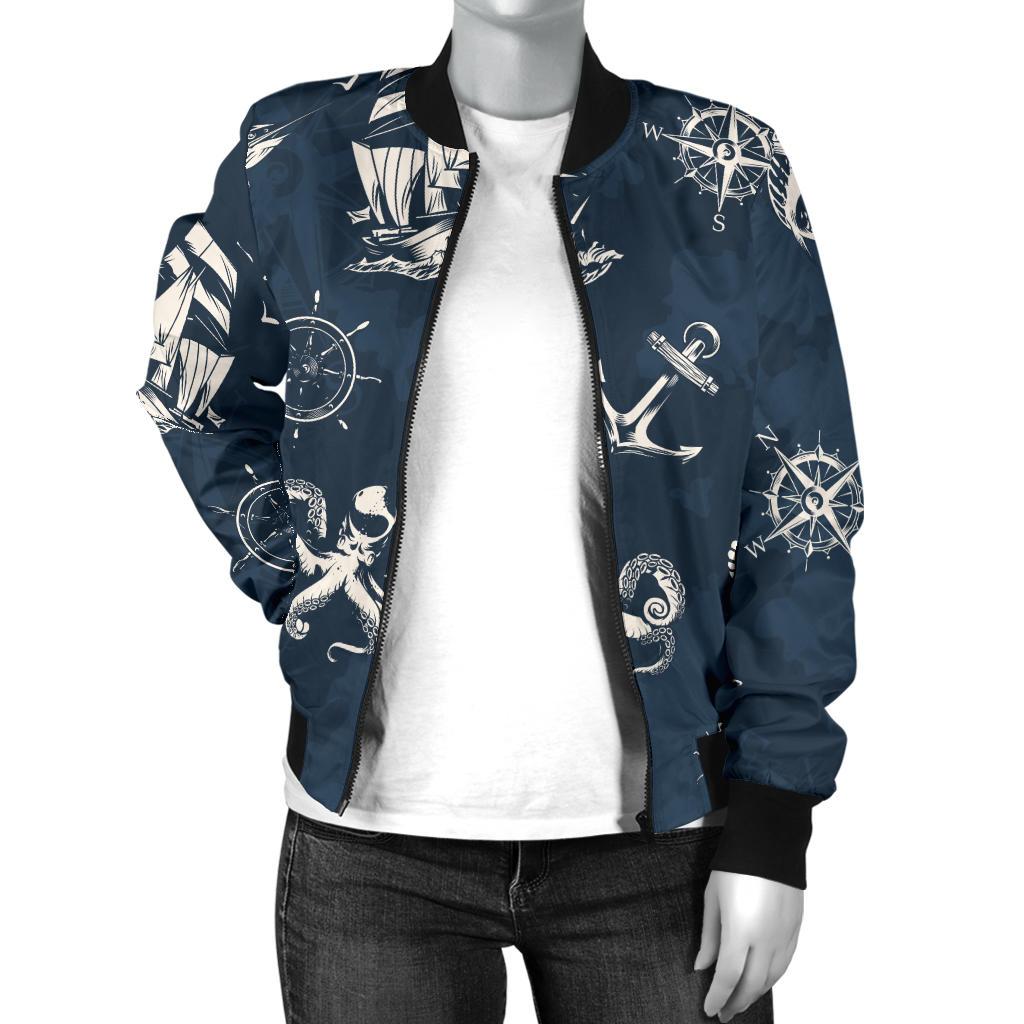 Nautical Sea Themed Print Women Casual Bomber Jacket