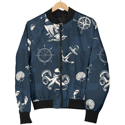 Nautical Sea Themed Print Women Casual Bomber Jacket