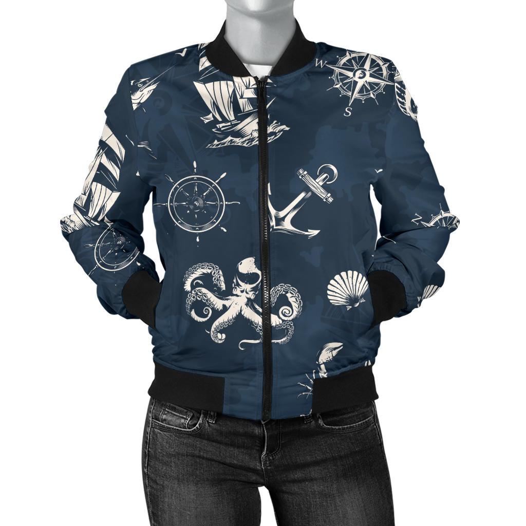 Nautical Sea Themed Print Women Casual Bomber Jacket