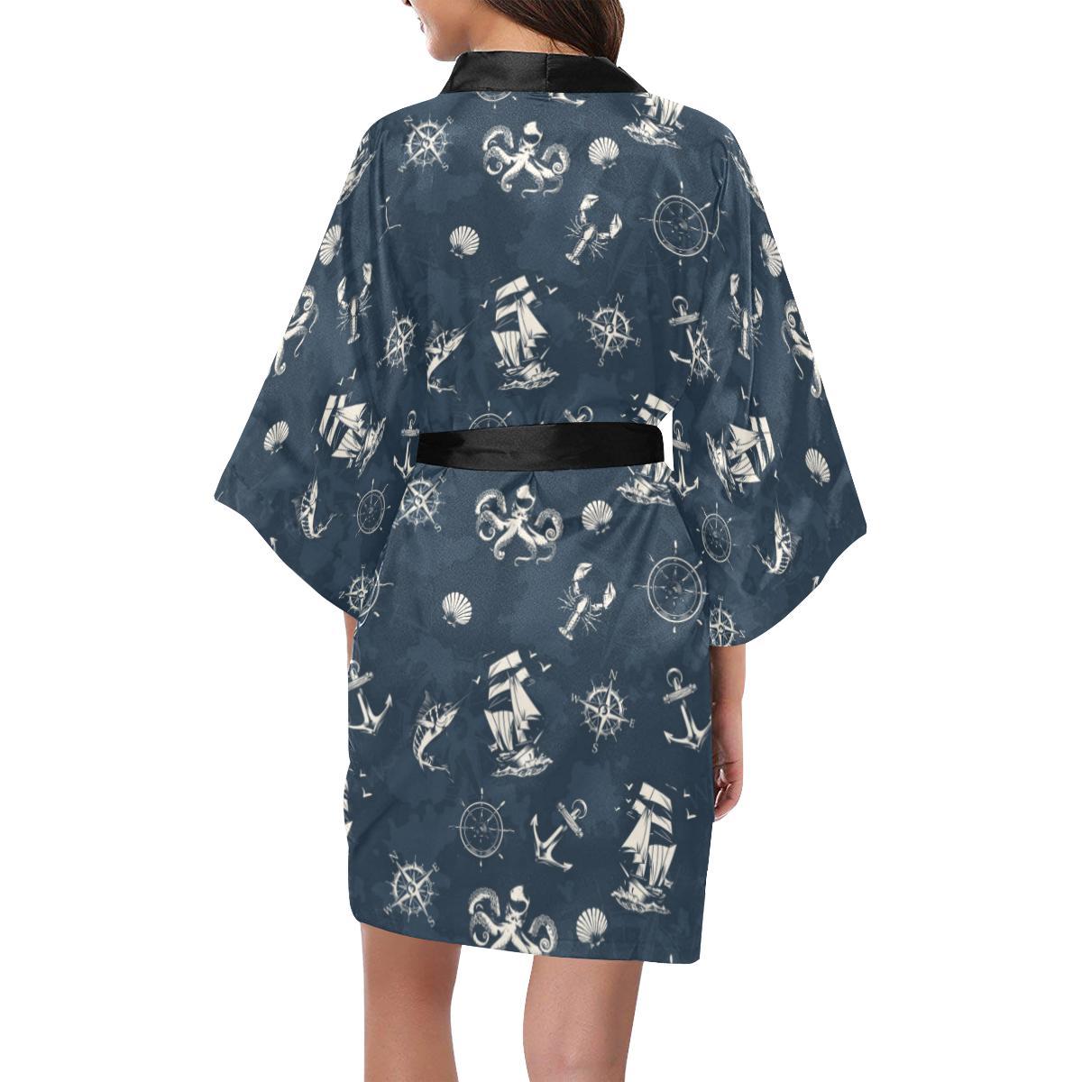 Nautical Sea Themed Print Women Short Kimono Robe