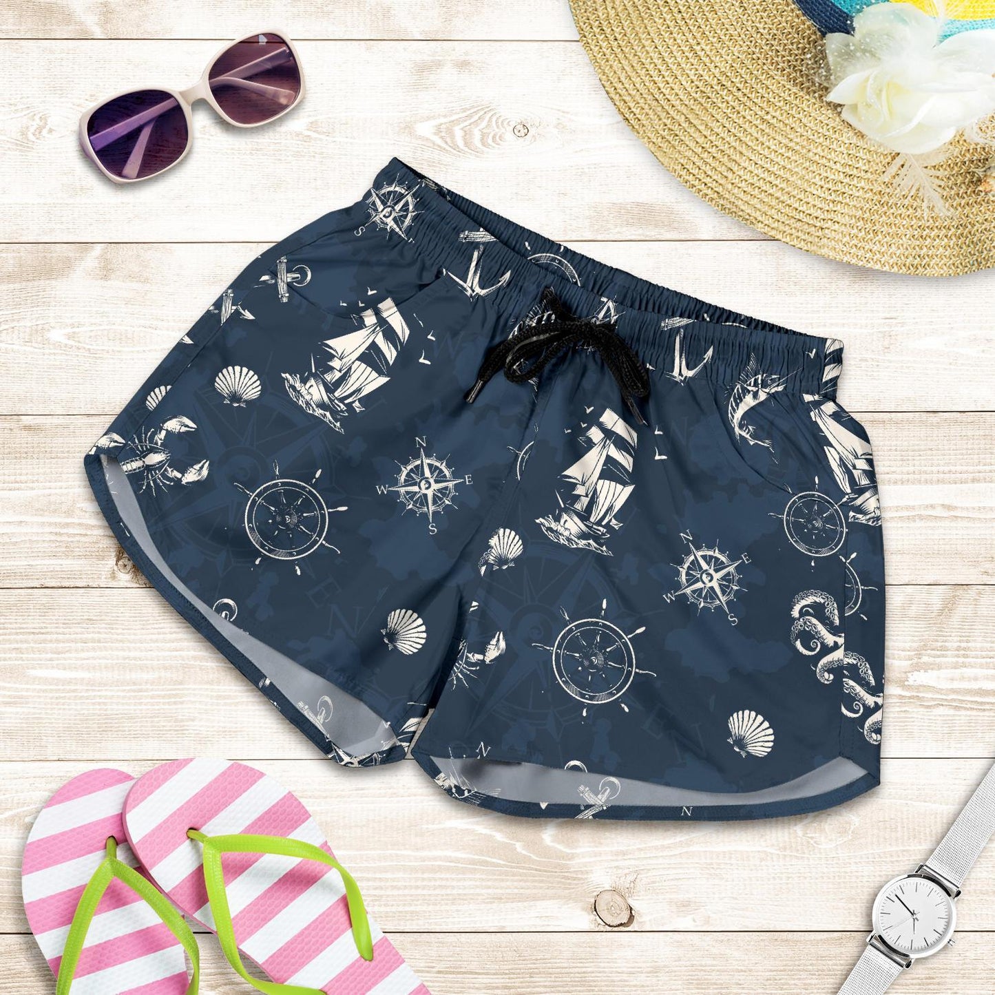 Nautical Sea Themed Print Women Shorts-JTAMIGO.COM