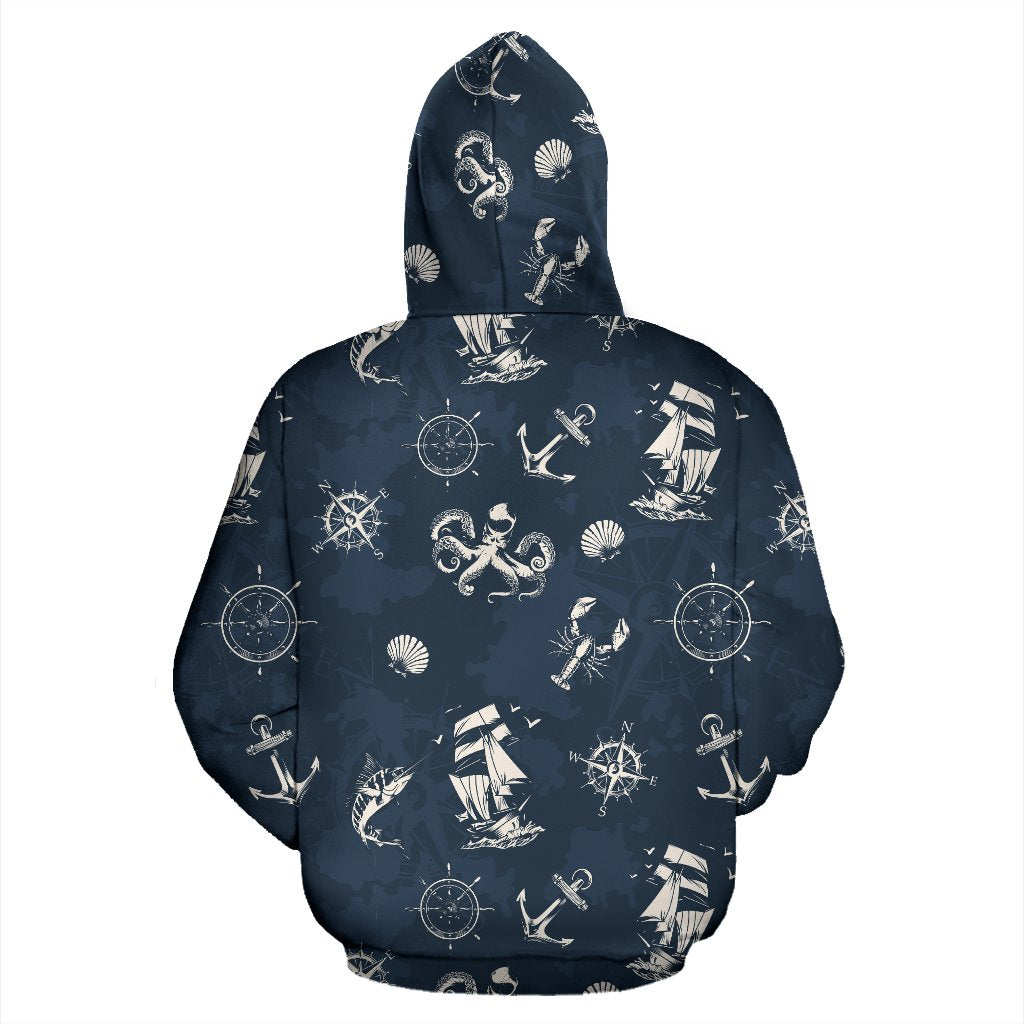 Nautical Sea Themed Print Zip Up Hoodie