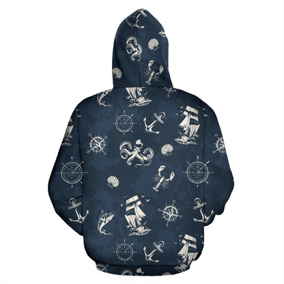 Nautical Sea Themed Print Zip Up Hoodie