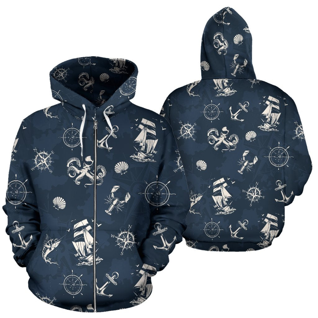 Nautical Sea Themed Print Zip Up Hoodie