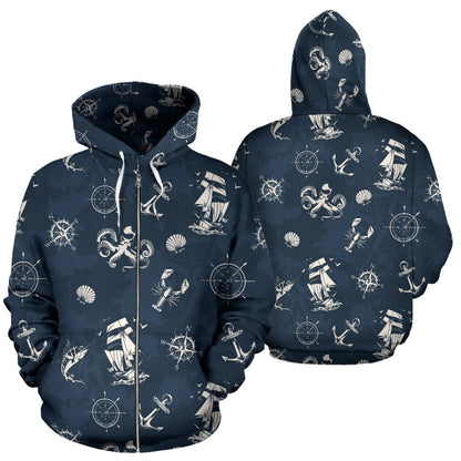 Nautical Sea Themed Print Zip Up Hoodie