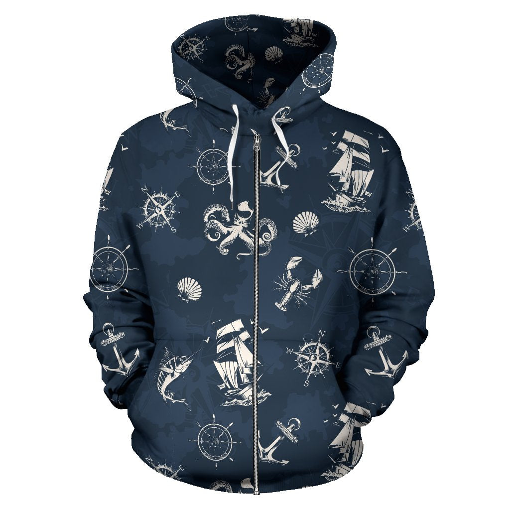 Nautical Sea Themed Print Zip Up Hoodie