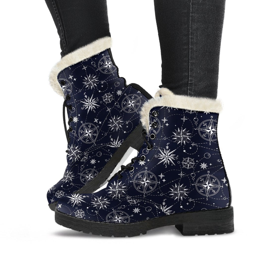 Nautical Sky Design Themed Print Faux Fur Leather Boots-JTAMIGO.COM