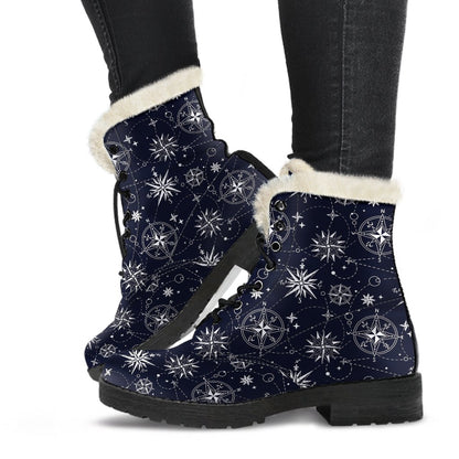 Nautical Sky Design Themed Print Faux Fur Leather Boots-JTAMIGO.COM