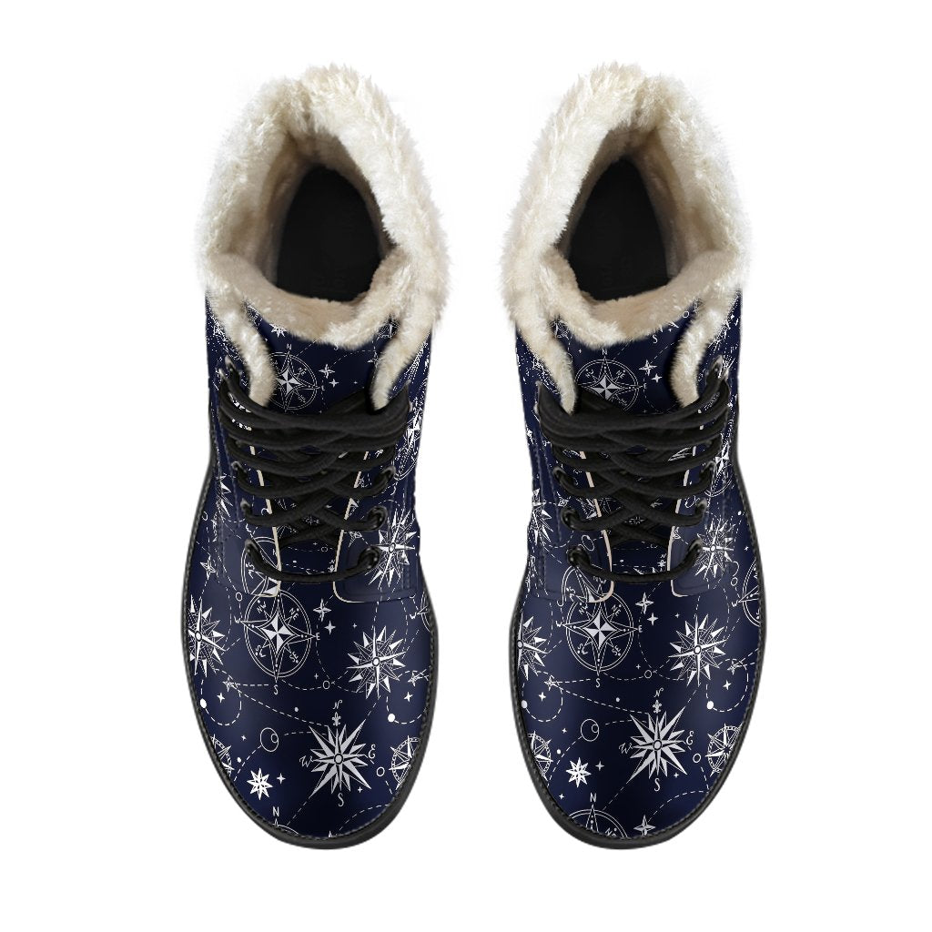 Nautical Sky Design Themed Print Faux Fur Leather Boots-JTAMIGO.COM