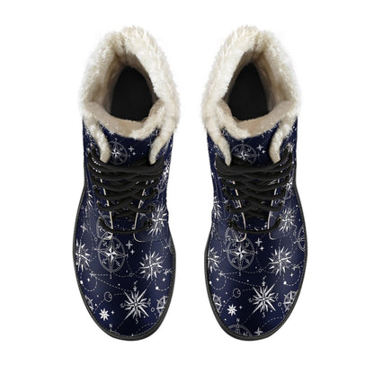 Nautical Sky Design Themed Print Faux Fur Leather Boots-JTAMIGO.COM