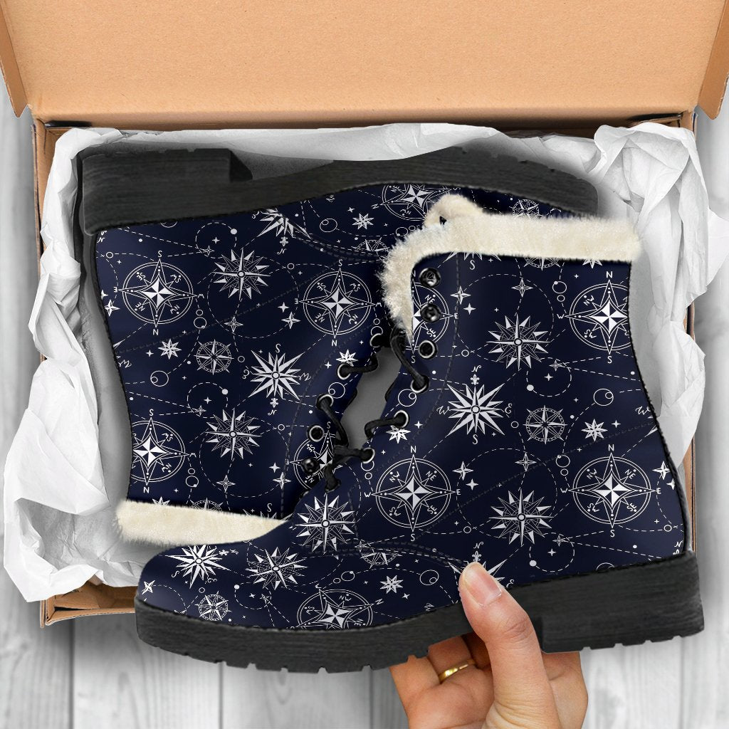 Nautical Sky Design Themed Print Faux Fur Leather Boots-JTAMIGO.COM