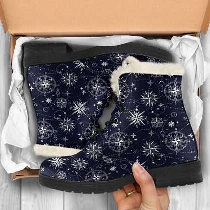 Nautical Sky Design Themed Print Faux Fur Leather Boots-JTAMIGO.COM