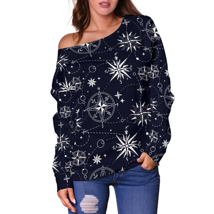 Nautical Sky Design Themed Print Off Shoulder Sweatshirt
