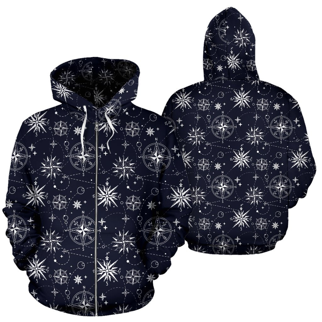 Nautical Sky Design Themed Print Zip Up Hoodie