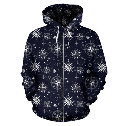 Nautical Sky Design Themed Print Zip Up Hoodie