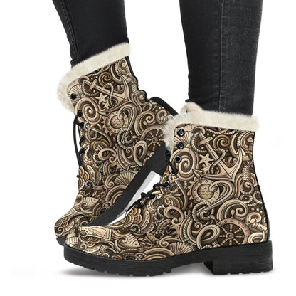 Nautical Tattoo Design Themed Print Faux Fur Leather Boots-JTAMIGO.COM