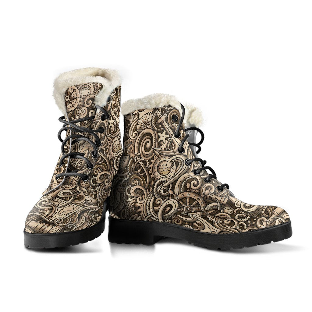 Nautical Tattoo Design Themed Print Faux Fur Leather Boots-JTAMIGO.COM